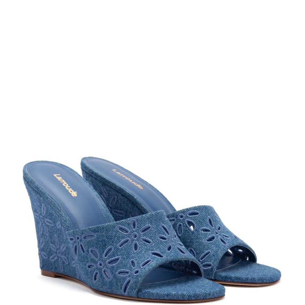 NIB JACKIE BLUE DENIM WEDGE PLATFORM SLIDE SANDALS by LARROUDE 7